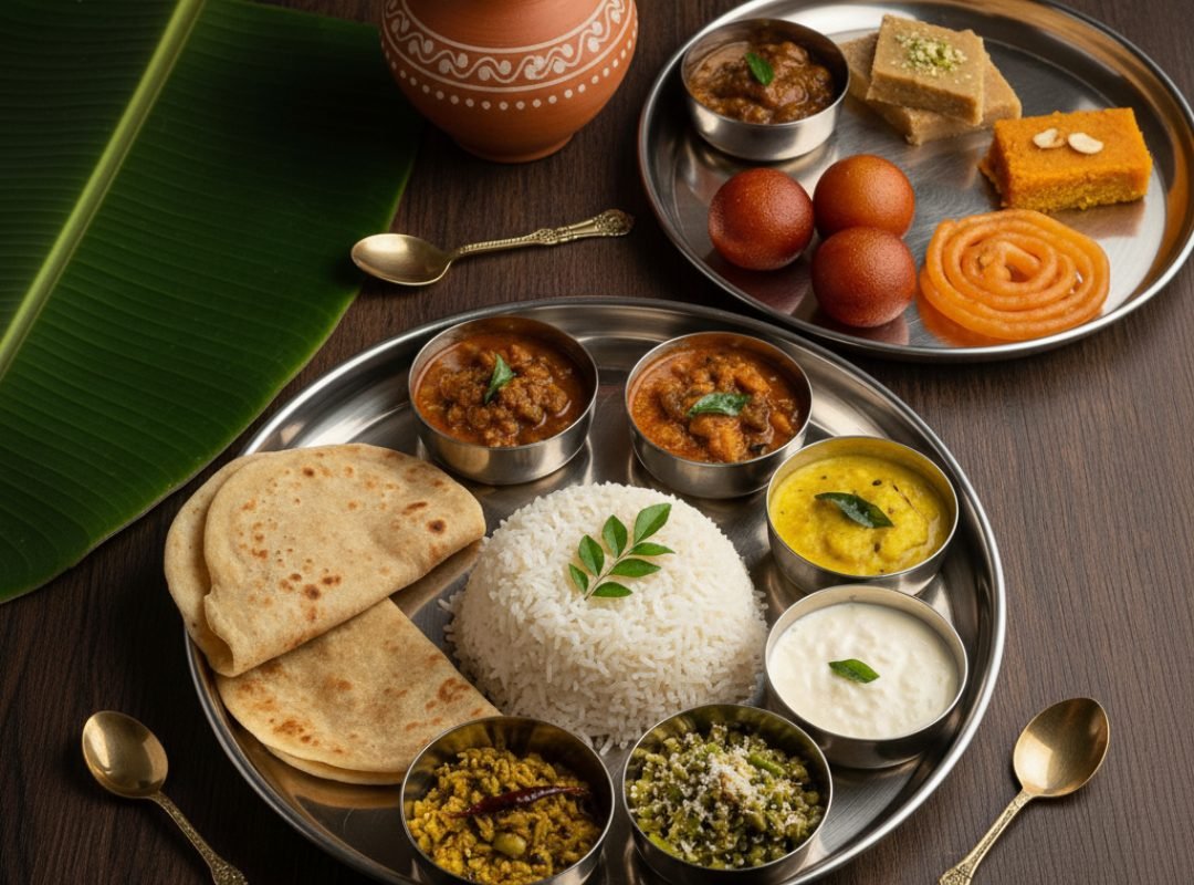 Traditional Indian thali meal with rice, chapati, curries, vegetables, yogurt, and sweets served on a steel plate.