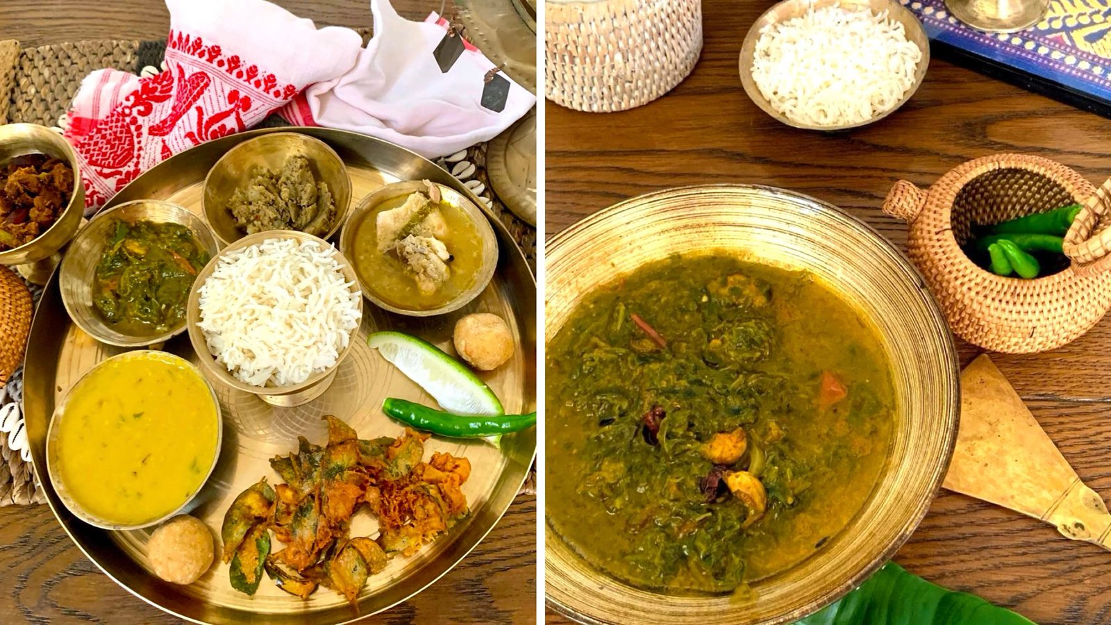 Traditional Assamese thali served in bell metal bowls with rice, dal, green leafy curry, fish curry, fried vegetables, and local condiments, placed on a woven mat and wooden table.