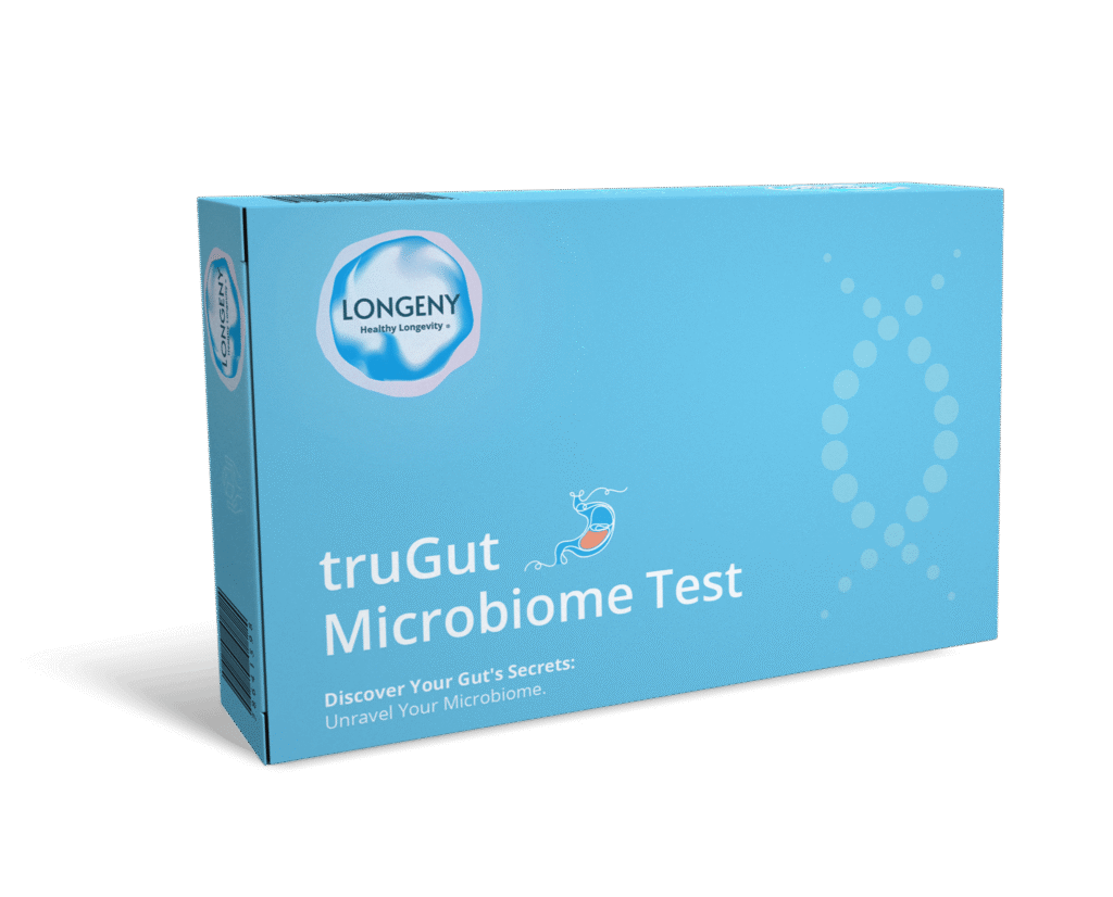 This is a Longeny truGut360 Microbiome Test kit, an at-home diagnostic tool for analyzing gut health.