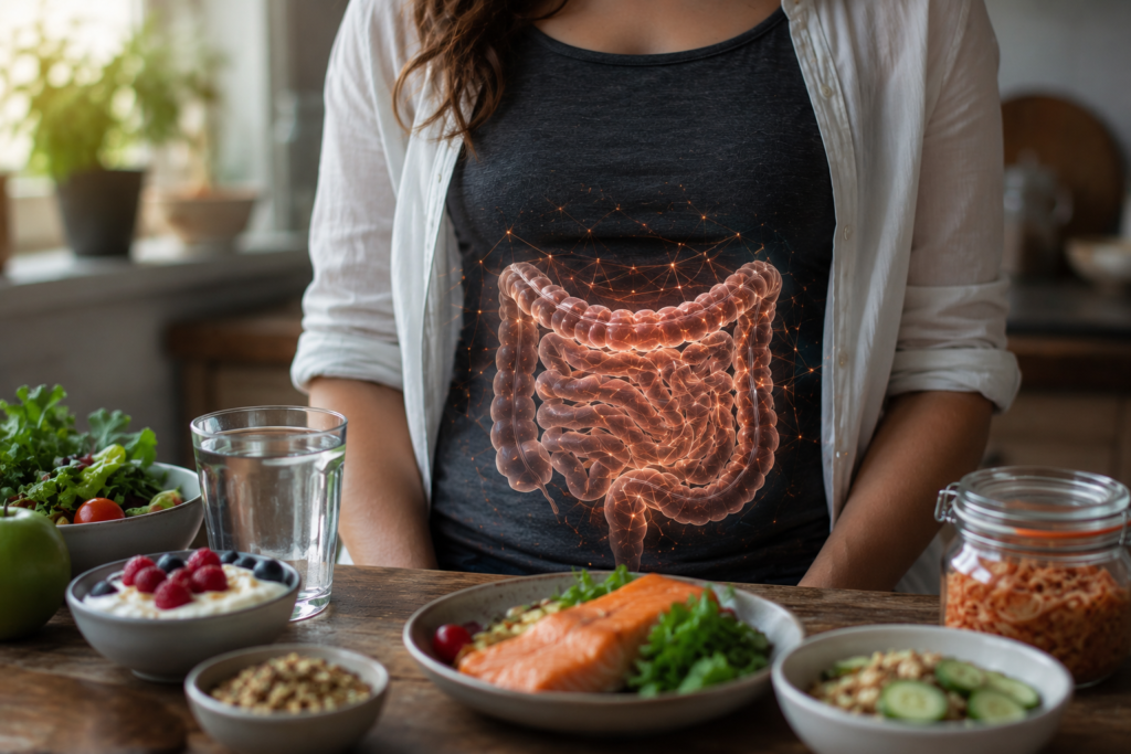 Woman seated at a table with healthy foods while an anatomically correct gut microbiome illustration overlays her abdomen, symbolizing the connection between gut health, anxiety, and mental focus.