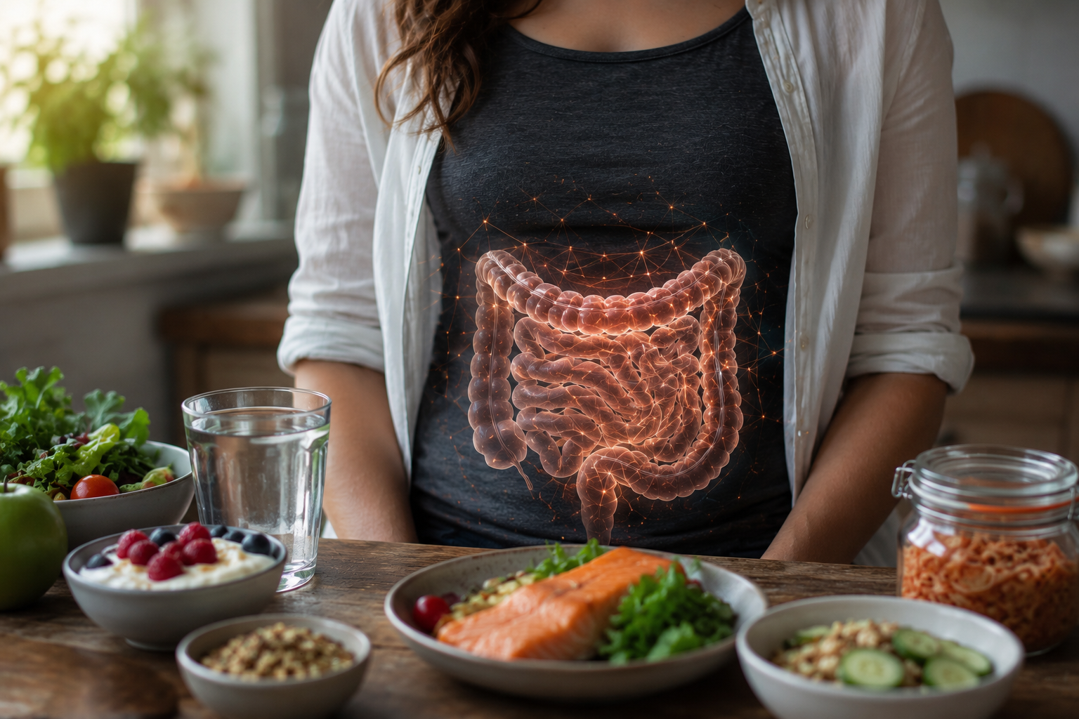Woman seated at a table with healthy foods while an anatomically correct gut microbiome illustration overlays her abdomen, symbolizing the connection between gut health, anxiety, and mental focus.