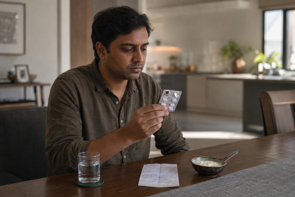 A middle-aged Indian man sits at a dining table in an upper-middle-class home, looking thoughtfully at an antibiotic blister pack with two tablets missing. A glass of water, a handwritten prescription slip, and a bowl of plain curd sit on the table beside him, while a modern kitchen is softly blurred in the background.