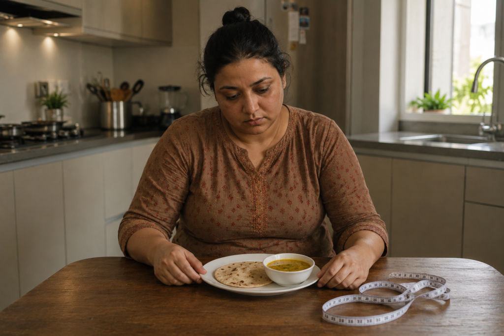 South Asian woman with excess abdominal weight sitting thoughtfully at a kitchen table with a simple meal of roti and dal, reflecting on the challenges of weight loss and metabolic health.
