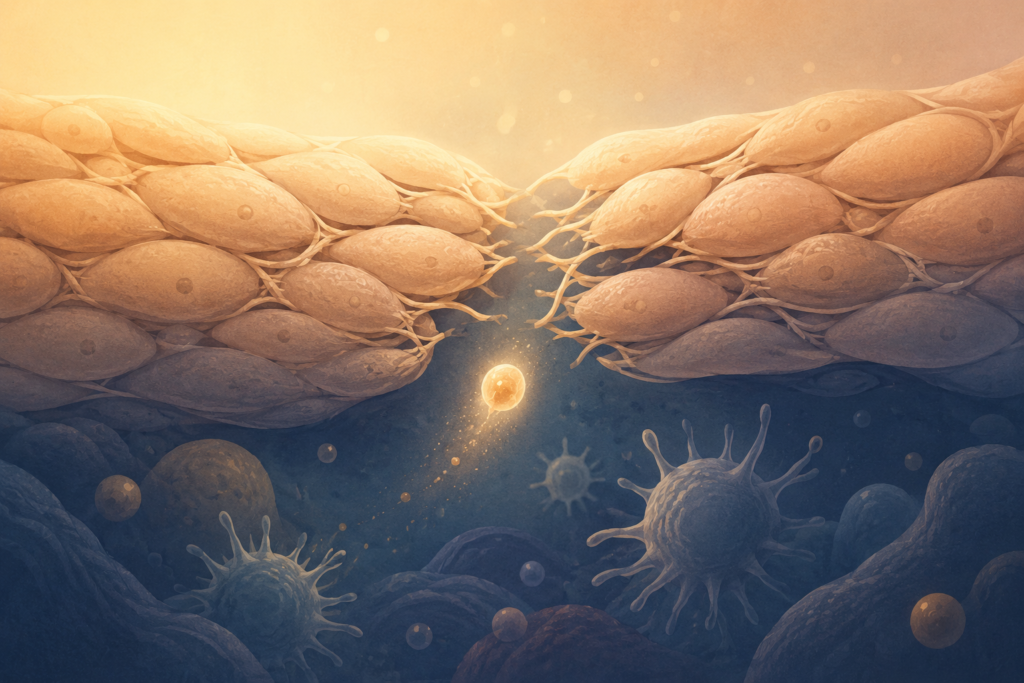 Illustration of a glowing particle breaking through a weakened gut barrier wall, representing increased intestinal permeability and its link to autoimmune disease