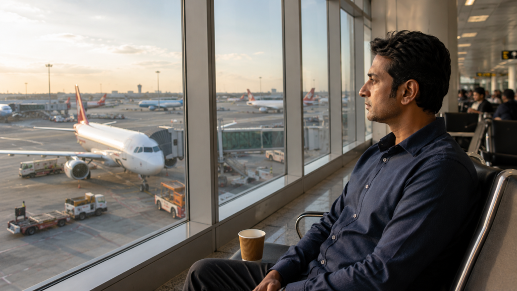 A South Asian man in his late 30s sits alone at an airport departure gate, looking out through large terminal windows toward a parked passenger aircraft on the runway. A paper coffee cup rests on the seat beside him as warm natural light fills the airport.