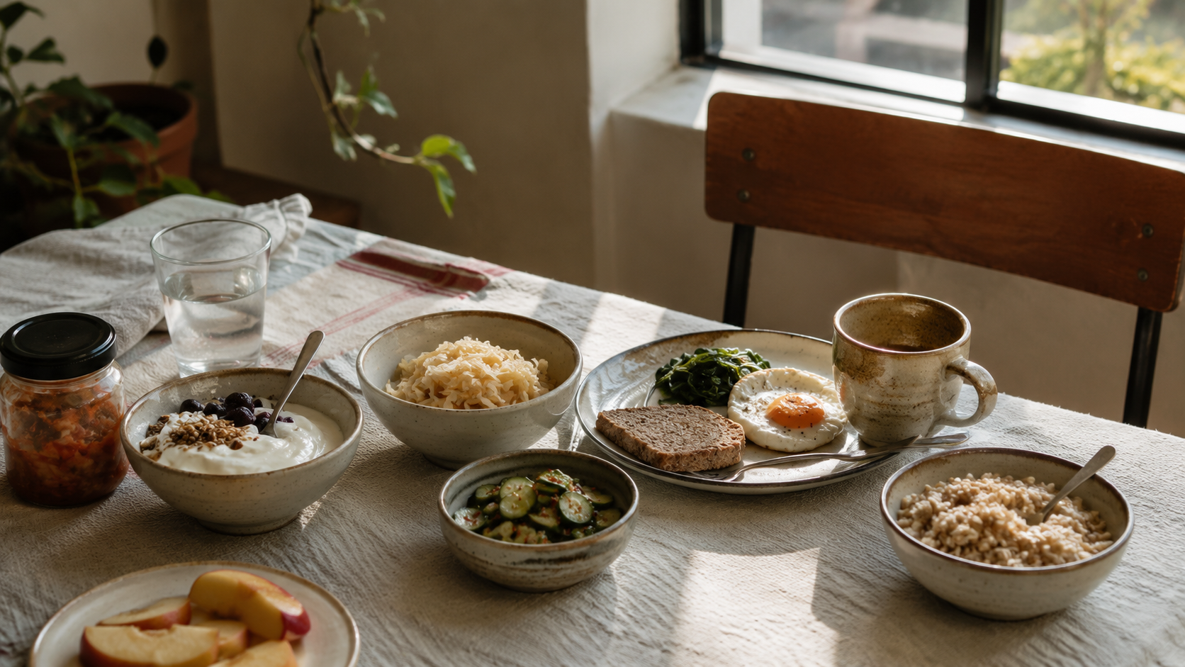 A naturally lit breakfast table featuring whole grains, yogurt, fermented vegetables, fresh fruit, eggs, leafy greens, and other minimally processed foods in a lived-in home kitchen. The candid overhead scene highlights everyday eating habits that support gut microbiome health.
