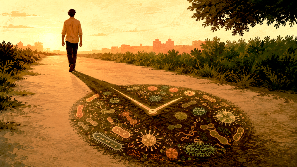 Silhouette of a person at golden hour with shadow formed from glowing microbial shapes shaped like a clock, symbolizing the gut microbiome and aging connection