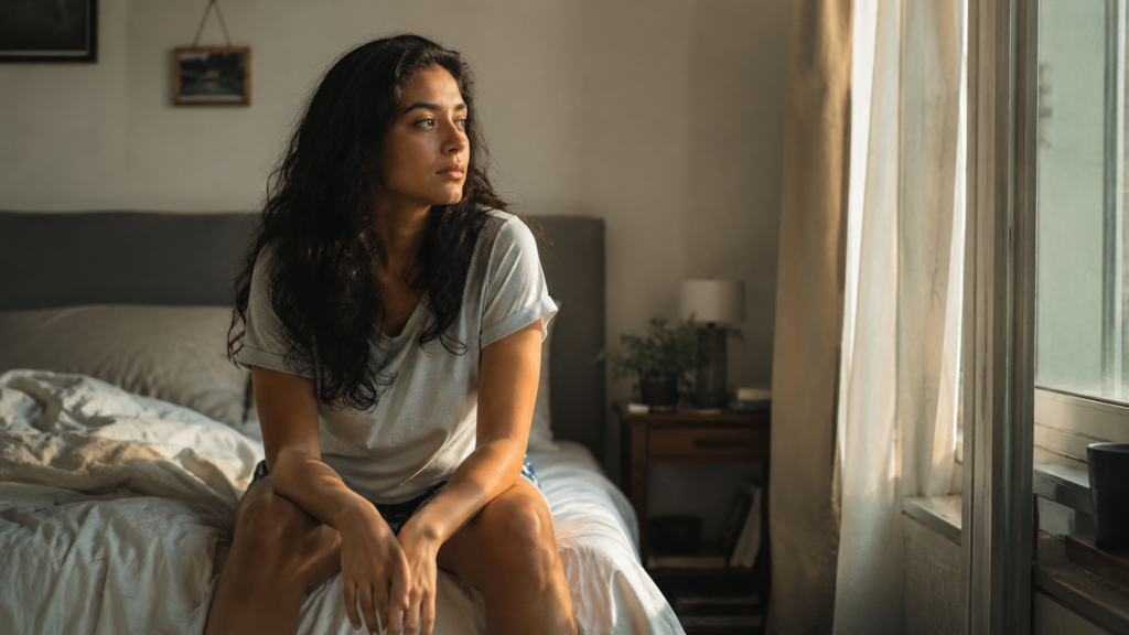 A woman sits quietly on the edge of an unmade bed in soft early morning sunlight, looking thoughtfully out of a bedroom window. The warm, naturally lit scene conveys tiredness, reflection, and the feeling of waking up without energy.