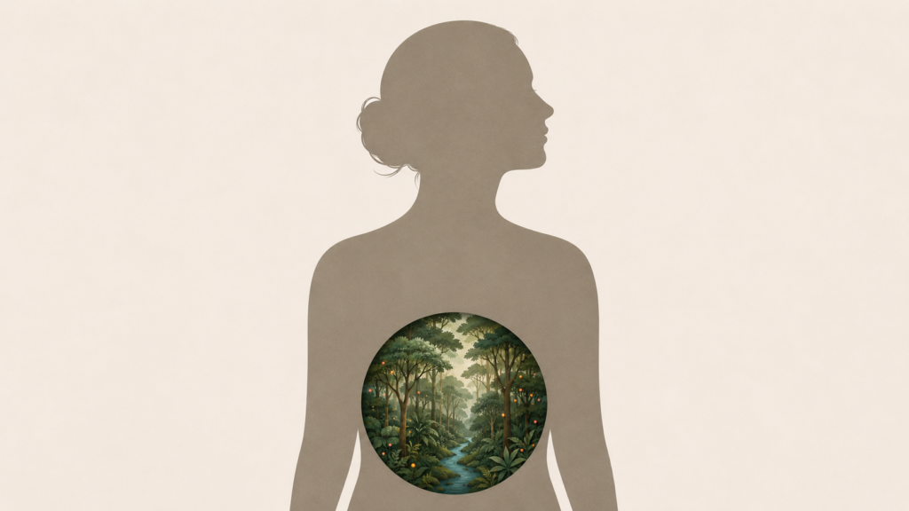 Illustration of a human silhouette with a circular window revealing a miniature forest ecosystem inside the torso, representing the gut microbiome as a living ecosystem rather than a resettable machine