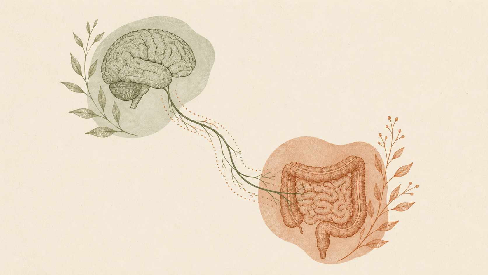 A minimalist editorial medical illustration showing an abstract brain and gut connected by a flowing curved line representing the vagus nerve. Small dotted signals travel between the two organs, symbolizing continuous communication. The artwork uses muted sage green and warm terracotta tones on a textured paper background with ample negative space.
