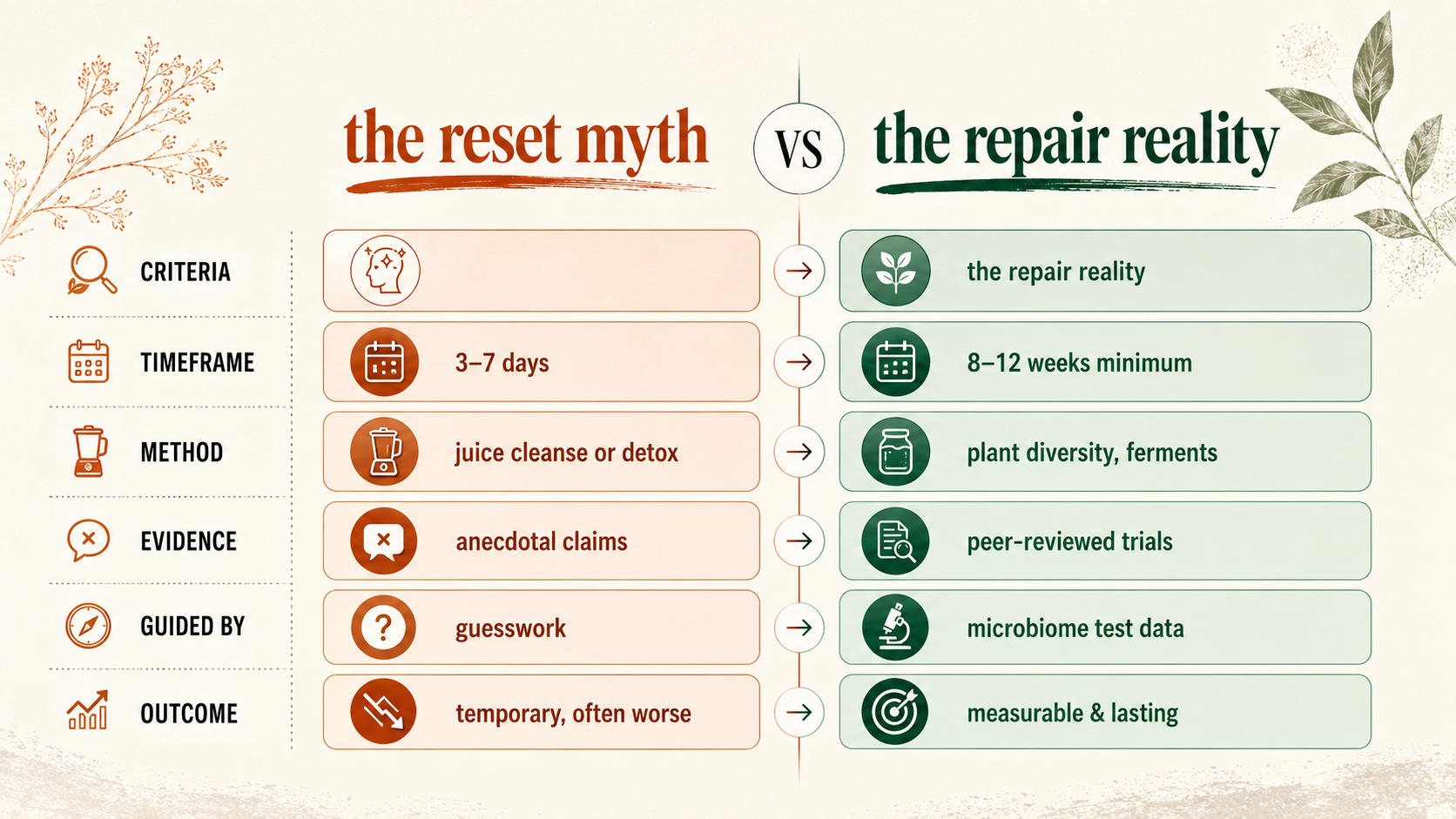 Comparison infographic titled "The Reset Myth vs The Repair Reality" showing why quick gut resets are ineffective. It compares 3–7 day detoxes with evidence-based gut repair that takes 8–12 weeks using plant diversity, fermented foods, microbiome testing, and peer-reviewed science for lasting gut health.