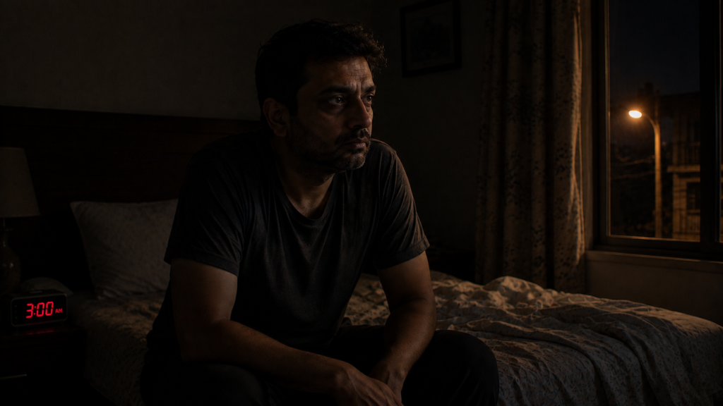 A tired man in his forties sitting on the edge of his bed at 3 AM, staring blankly ahead after a poor night's sleep