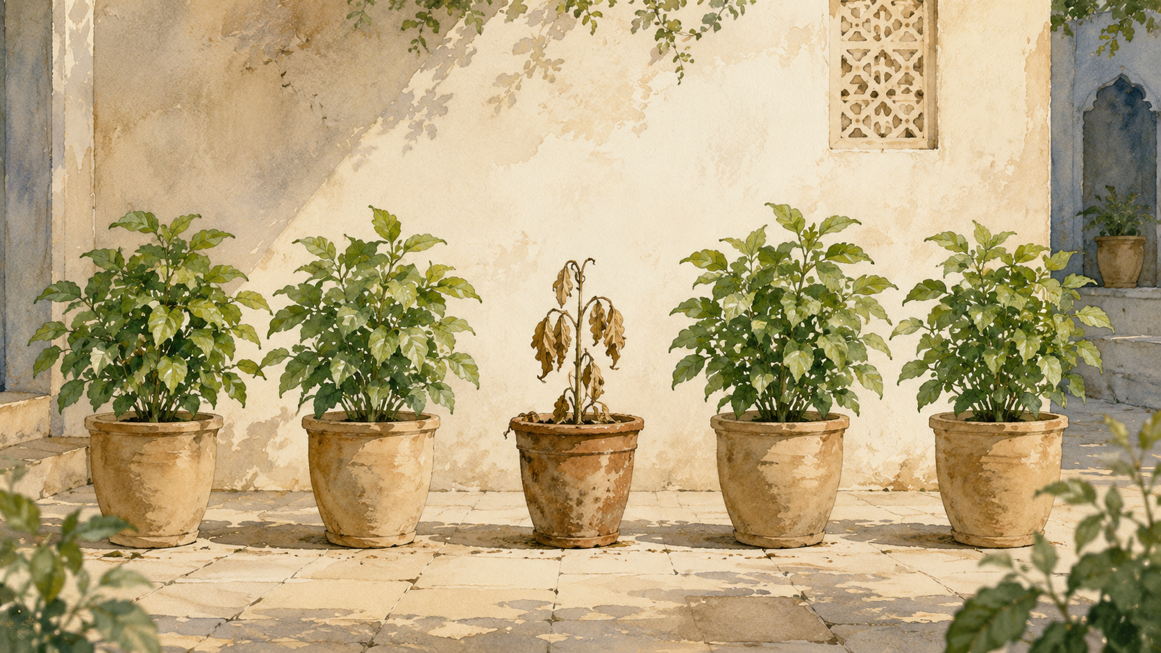 A single wilting plant among healthy plants, symbolizing gut dysbiosis and its downstream effects on the body
