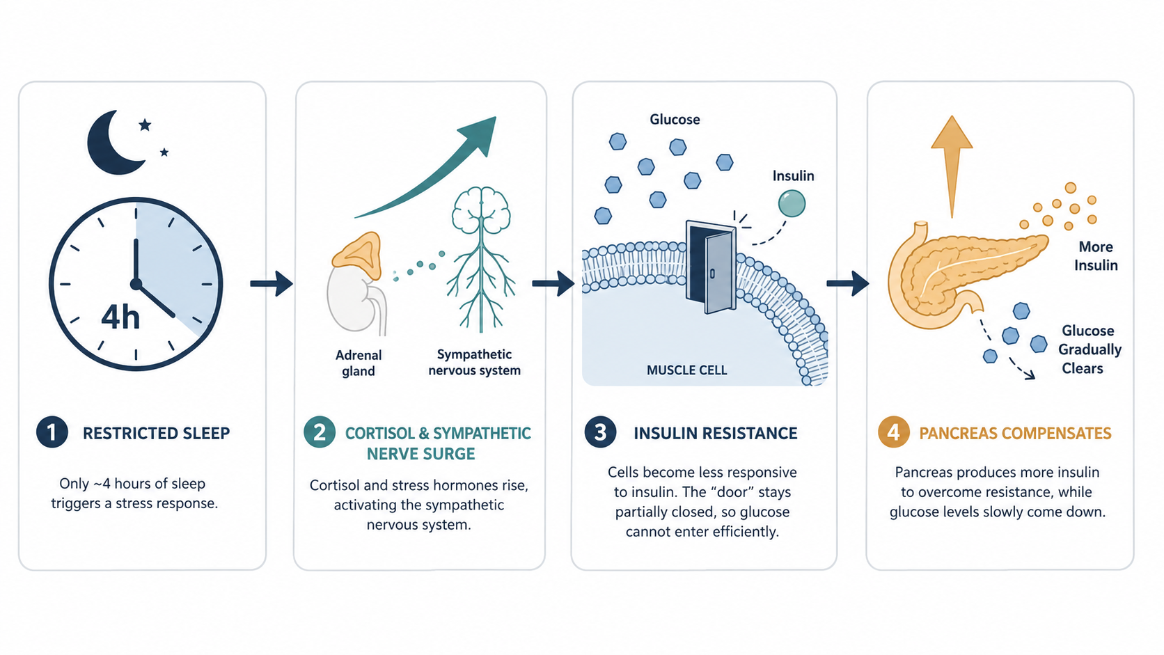 Infographic showing four steps of how restricted sleep triggers temporary insulin resistance: sleep loss, hormonal surge, blocked muscle glucose uptake, and pancreas compensation